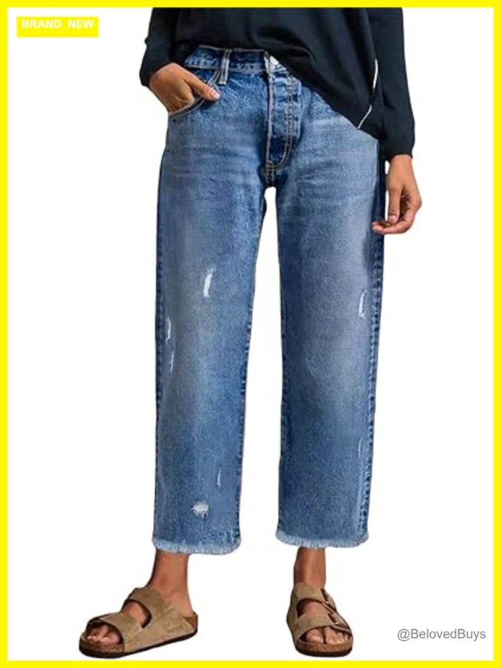 Wide Leg Stretchy Distressed Raw Hem Frayed Ankle Denim Pants with Pockets